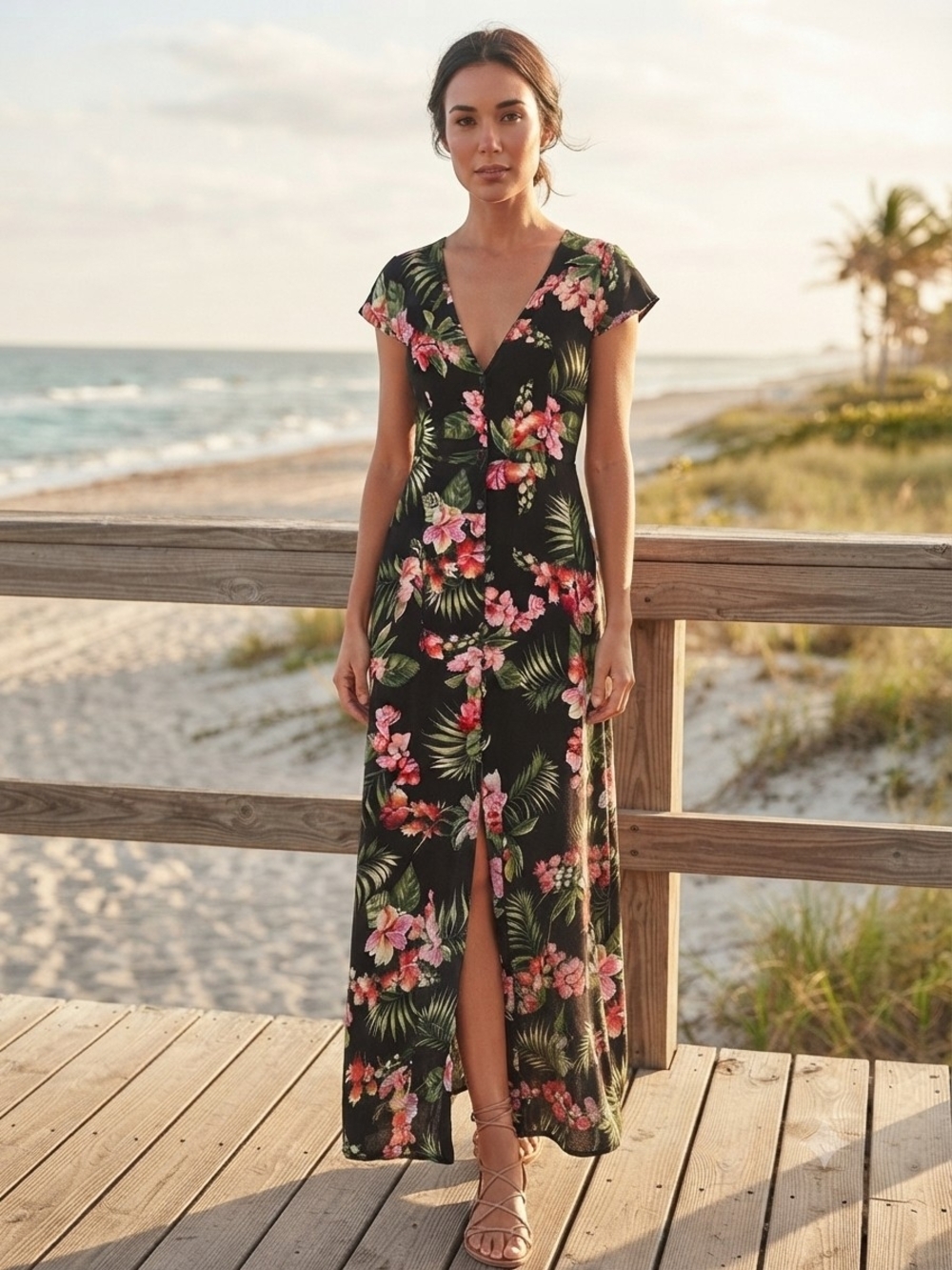 Ambiance Black Tropical Floral Print Button Front Slit Maxi Dress Large